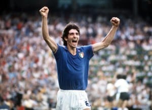 1982 World Cup Final. Madrid, Spain. 11th July, 1982. Italy 3 v West Germany 1. Italy's Paolo Rossi celebrates after scoring the opening goal in the World Cup Final.